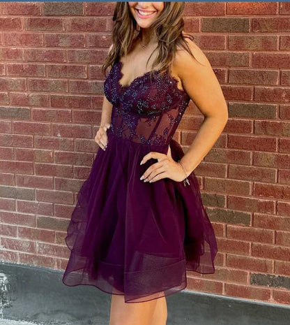 omberprom Straps A-line Tulle Homecoming Dress Sexy Party Dress Short Graduation Dress