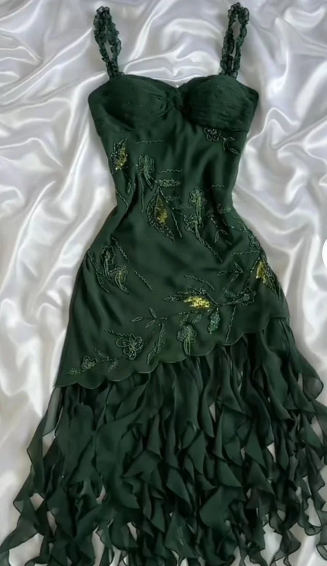 Green forest tie suspenders waist slim irregular skirt long skirt homecoming dress R2787
