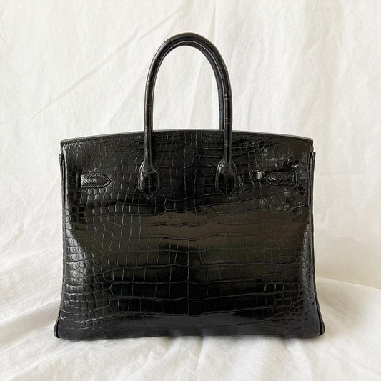 Hermès Black Shiny Porosus Crocodile Leather Gold Hardware Birkin 35 Bag