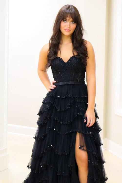 omberprom Evening Dress Straps Sequined Multi-Layers Long Prom Dress with Slit