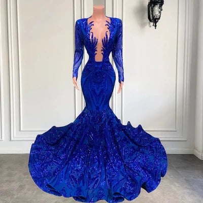 Vintage Royal Blue Mermaid Prom Dress Sequined Evening Gown Party Dress Long Formal Dress TP4851