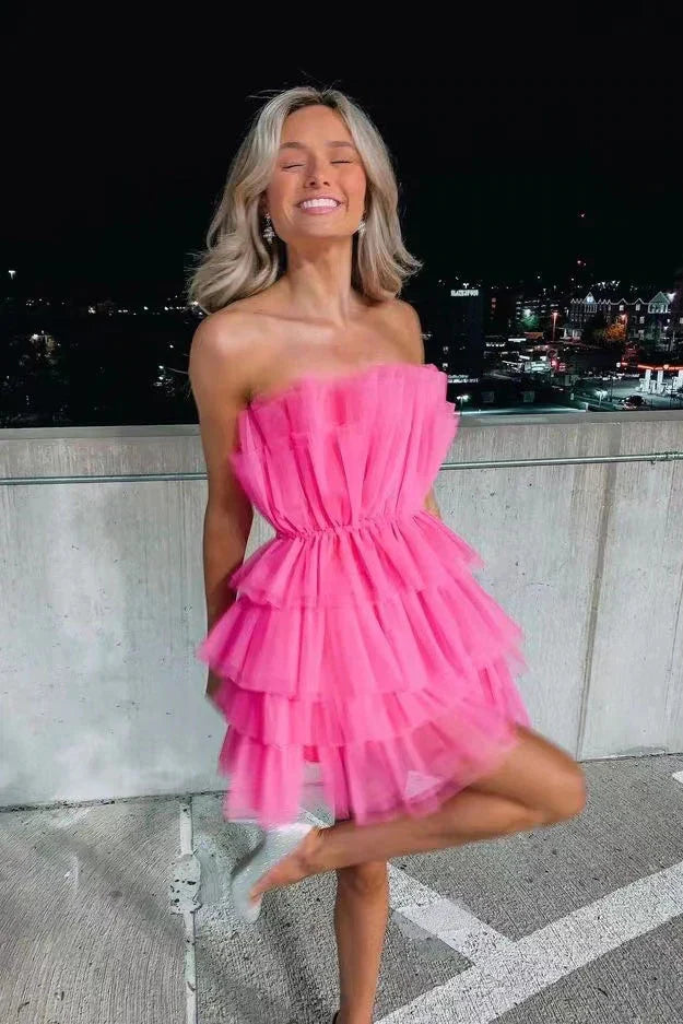 PM302,Hot pink strapless homecoming dresses,tulle mini cocktail dress