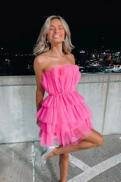 PM302,Hot pink strapless homecoming dresses,tulle mini cocktail dress
