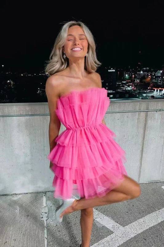 PM302,Hot pink strapless homecoming dresses,tulle mini cocktail dress