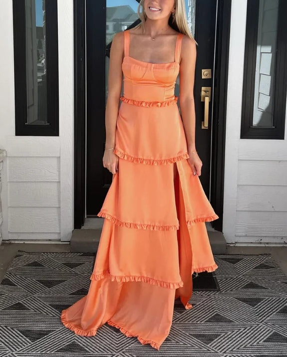 Orange A-Line Satin Layers Long Prom Dress with Slit Party Dress Formal Dress Wholesale