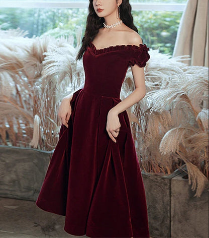 omberprom Wine Red Off Shoulder Velvet Tea Length Party Dress Prom Dress Homecoming Dress Cocktail Dress Wholesale