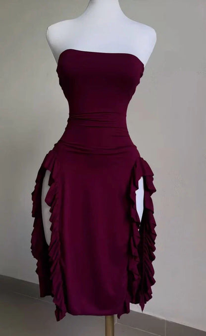 Burgundy Strapless Sheath Midi Length Ruffle Sexy Evening Dress Off Shoulder Party Dress Wholesale