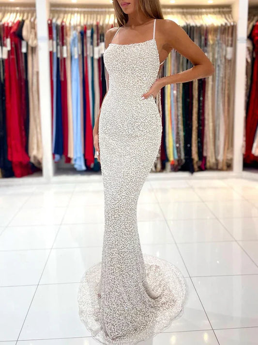 Spaghetti Straps Pearl Prom Dresses Sparkly Sheath Formal Dress Evening Dress Wholesale