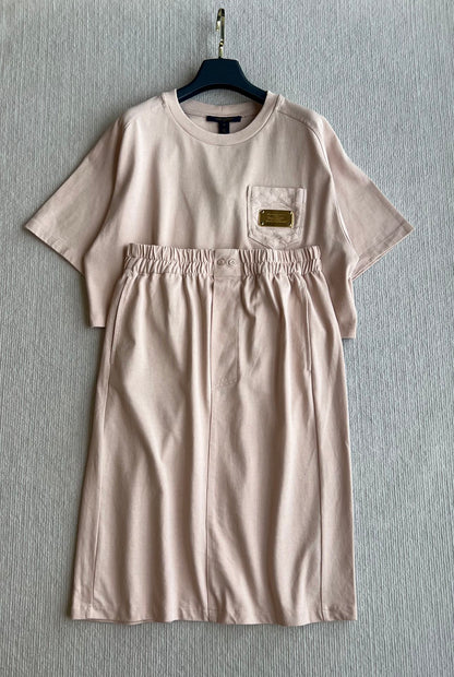 LV 25 Monogram Pocket Patch Iron Elastic Waist Set Light Pink Cotton