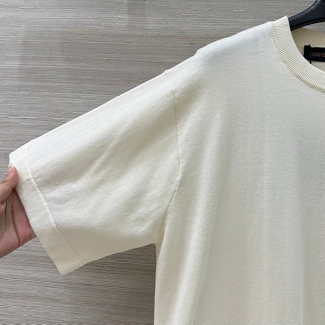 LV 25 Plaid Beading Embroidered Letters Casual T-Shirt White Beige Cotton