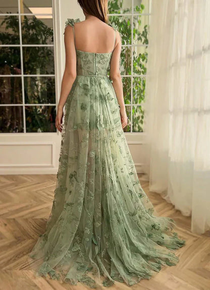 omberprom A-line Evening Dress Butterfly Lace Lilac Corset Prom Dress with Slit