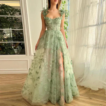 omberprom A-line Evening Dress Butterfly Lace Lilac Corset Prom Dress with Slit