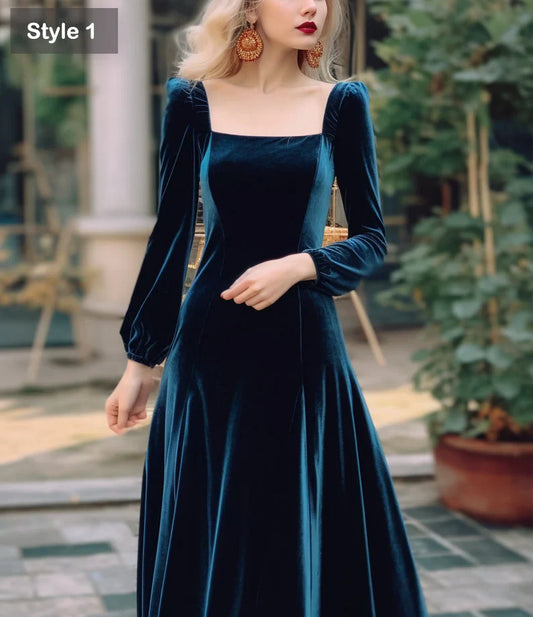 omberprom Elegant Velvet Dress Ruched Long Sleeve Formal Dress for Wedding Guest Bridesmaid or Evening Dress