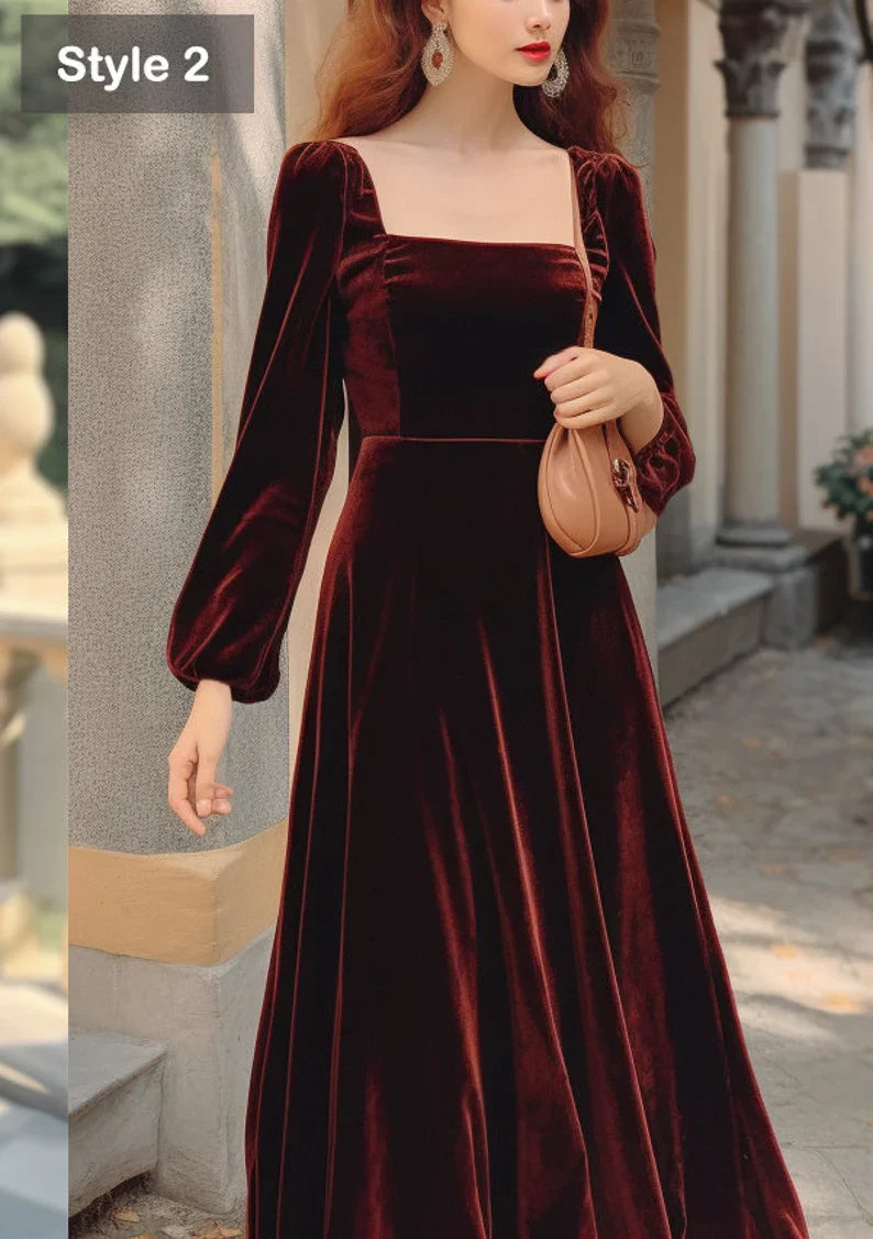omberprom Elegant Velvet Dress Ruched Long Sleeve Formal Dress for Wedding Guest Bridesmaid or Evening Dress