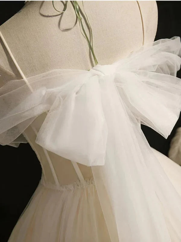 omberprom Spaghetti Evening Dress Straps Tulle Lace Appliques Short Prom Dresses With Bow