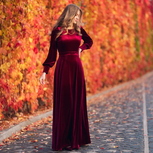 omberprom Elegant Plum Burgundy Velvet Dress Ruched Long Sleeve Formal Dress
