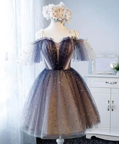omberprom Sweetheart Graduation Dresses V-neck Starlit Cloud Tulle Mini Length Homecoming Dress
