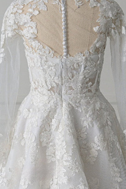 omberprom Short A-Line Illusion Neck Long Sleeves Lace Wedding Dresses