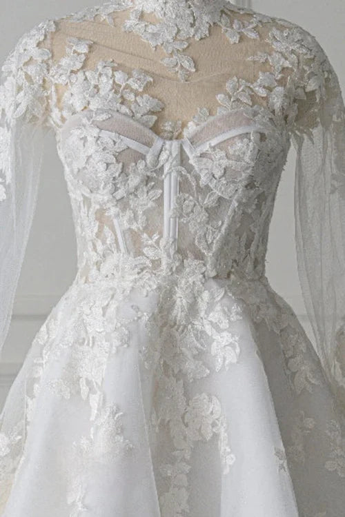 omberprom Short A-Line Illusion Neck Long Sleeves Lace Wedding Dresses