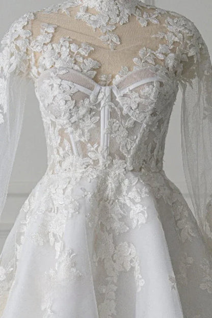 omberprom Short A-Line Illusion Neck Long Sleeves Lace Wedding Dresses