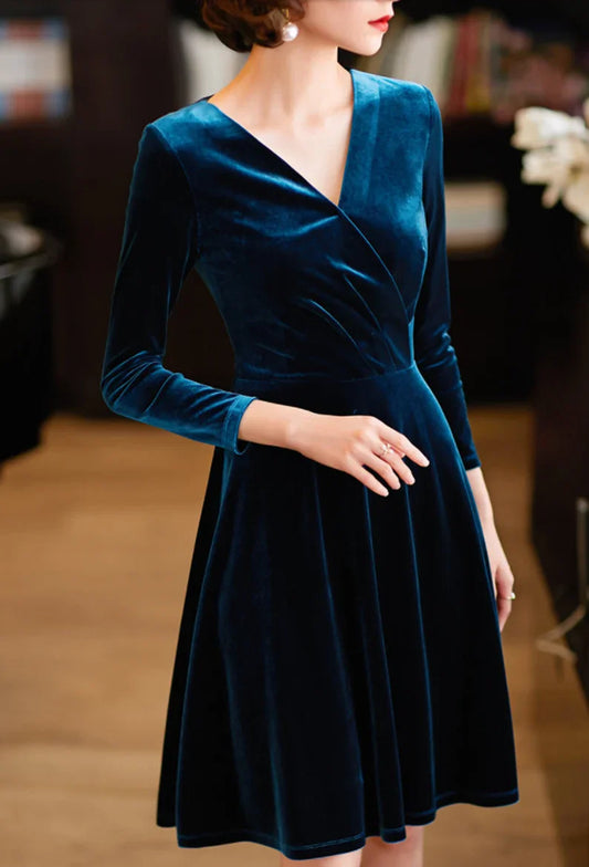 omberprom Elegant Velvet Dress Simplee Women__ V Neck Velvet Maxi Dress Long Sleeve Empire Waist Long Formal Dress for Wedding Guest