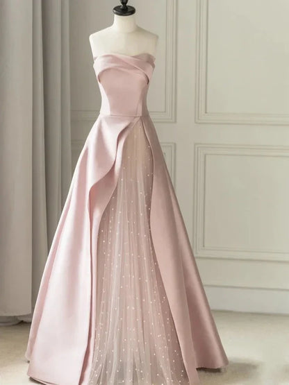 omberprom Sleeveless Satin A-Line Floor-Length Evening Gown Slit with Tulle Strapless Prom Dress