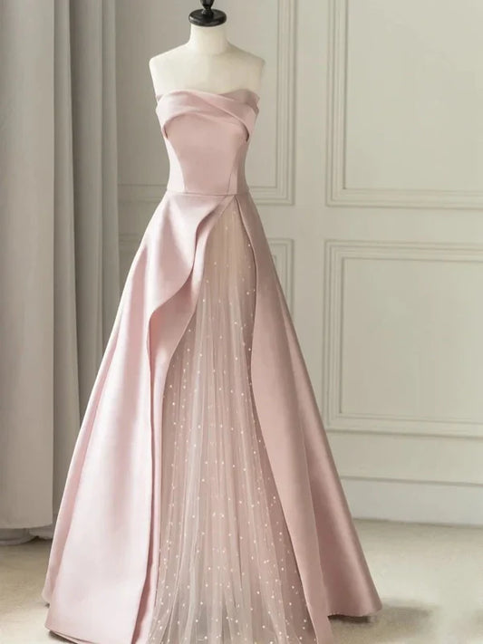 omberprom Sleeveless Satin A-Line Floor-Length Evening Gown Slit with Tulle Strapless Prom Dress