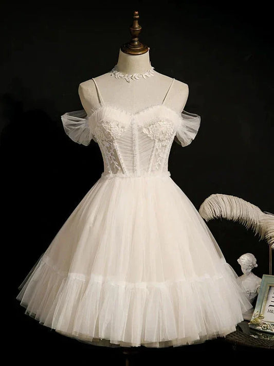 omberprom Spaghetti Evening Dress Straps Tulle Lace Appliques Short Prom Dresses With Bow