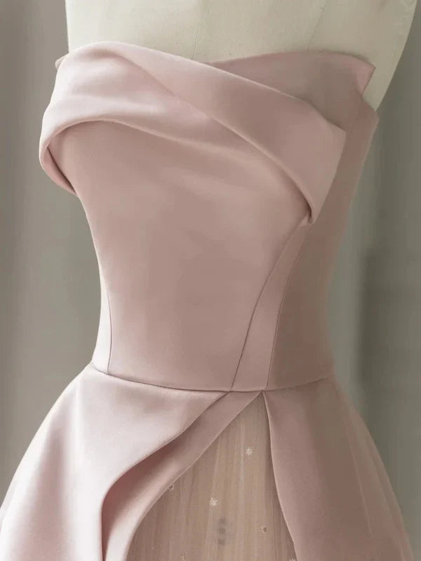 omberprom Sleeveless Satin A-Line Floor-Length Evening Gown Slit with Tulle Strapless Prom Dress