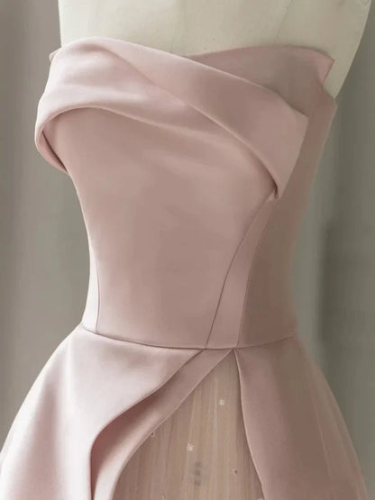 omberprom Sleeveless Satin A-Line Floor-Length Evening Gown Slit with Tulle Strapless Prom Dress