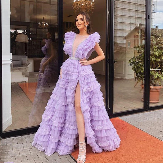 PM431,Fluffy Lilac A-Line Long Prom Dresses,Deep V-Neck High Split Evening Dresses,Princess Light Purple Birthday Dress