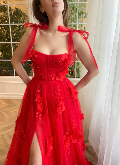 omberprom Scarlet Lace A-line Evening Dress 3D Flower Long Prom Dress With Slit