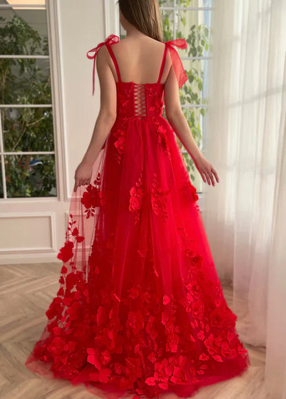 omberprom Scarlet Lace A-line Evening Dress 3D Flower Long Prom Dress With Slit