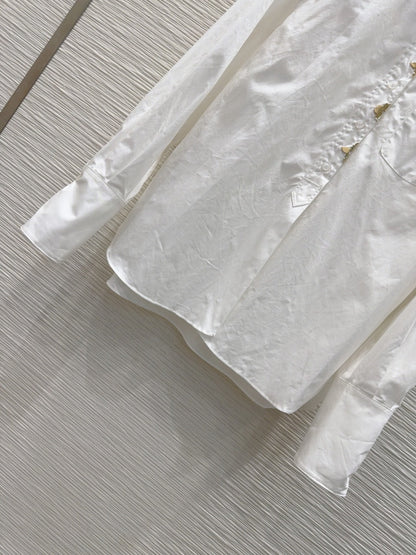 LV 25 Long Sleeve Mandarin Collar Shirt White Cotton
