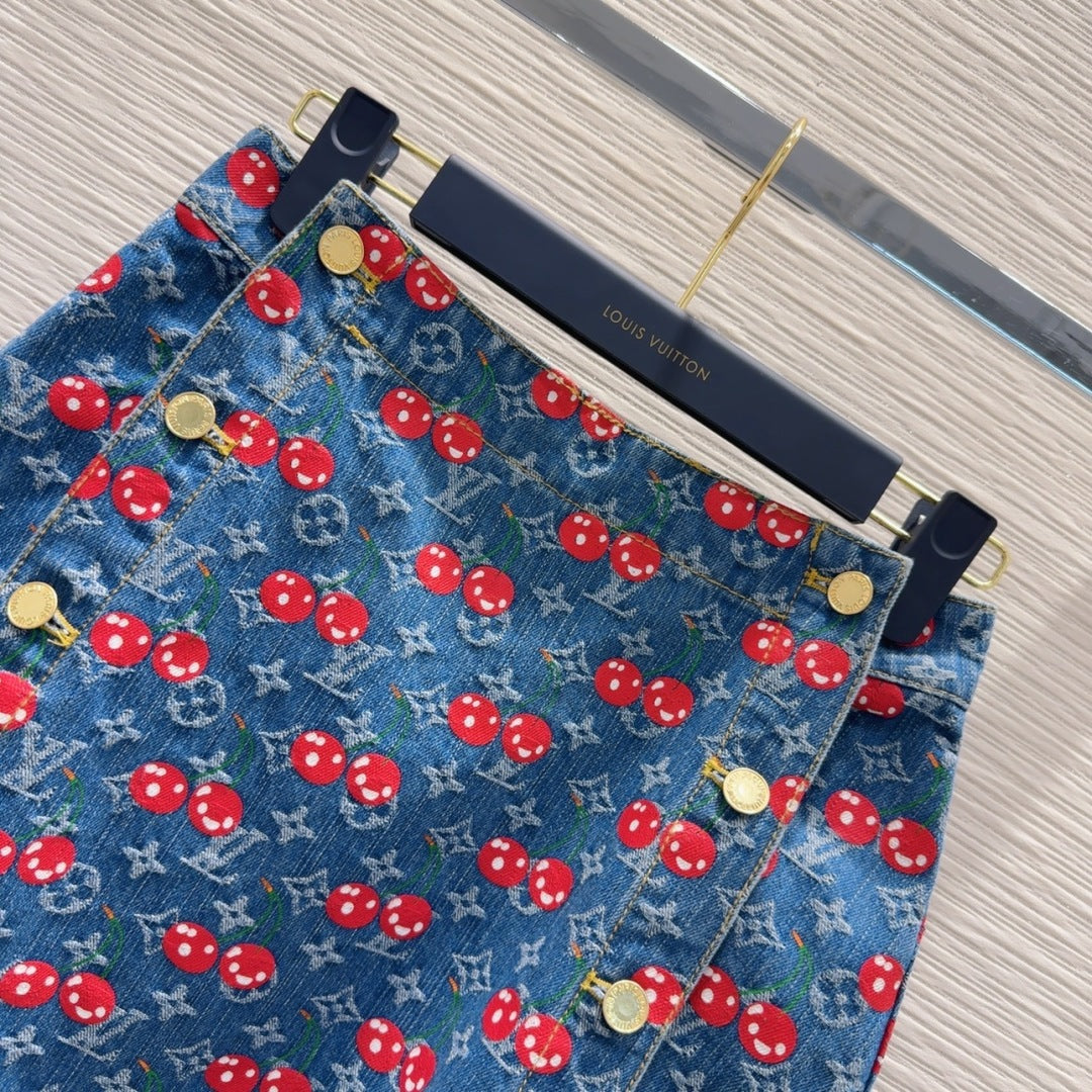 LV 25 Cherry Denim Skirt Blue Cotton