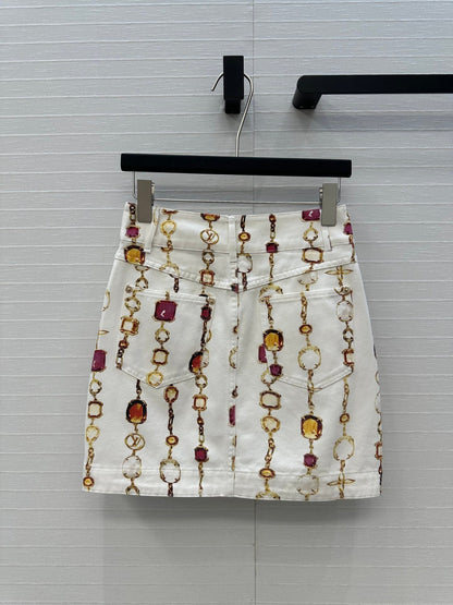 LV 25 Bourgoise Series Printed Zipper Denim Skirt White Cotton