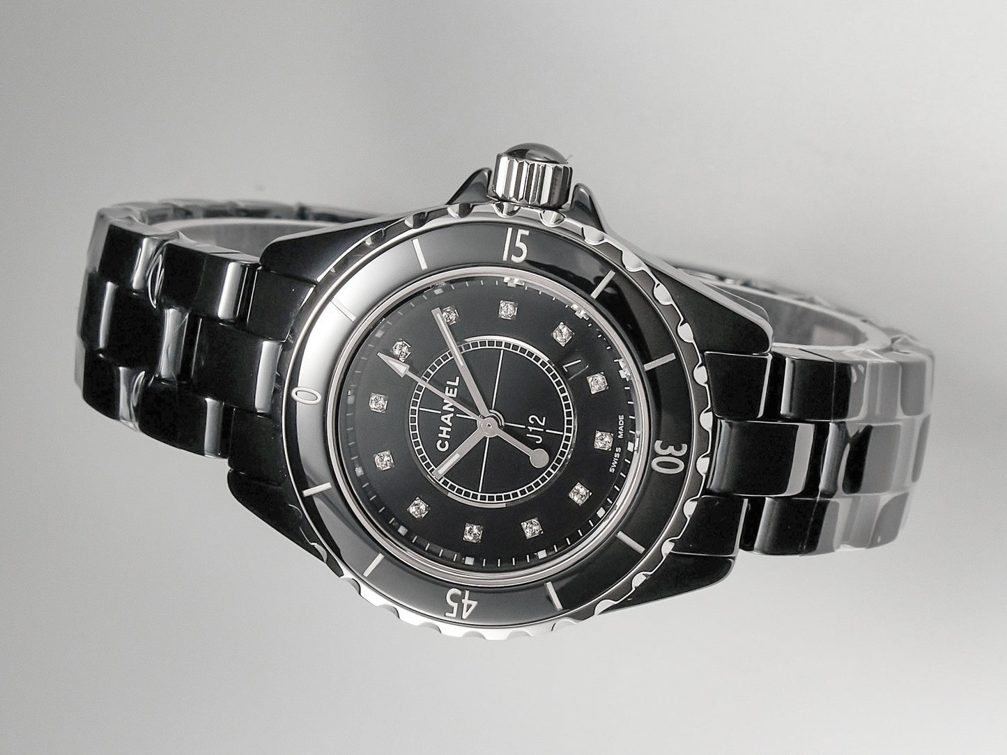 J12 Date Quartz Black Ceramic Diamond Numerals Black Dial
