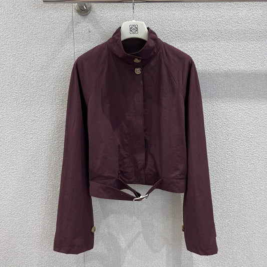 Loewe 25 Stand Collar Short Trench Coat Burgundy Red Cotton Nylon 224272