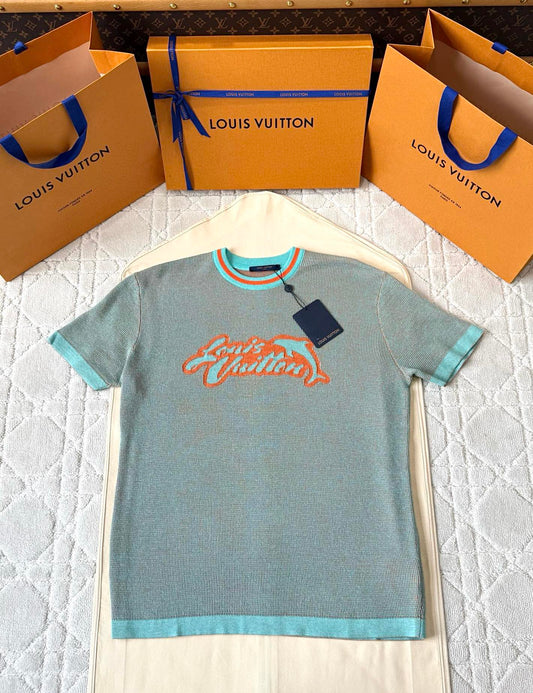 LV 25 Dolphin Jacquard Short Sleeve Shirt Blue Sweater Knit