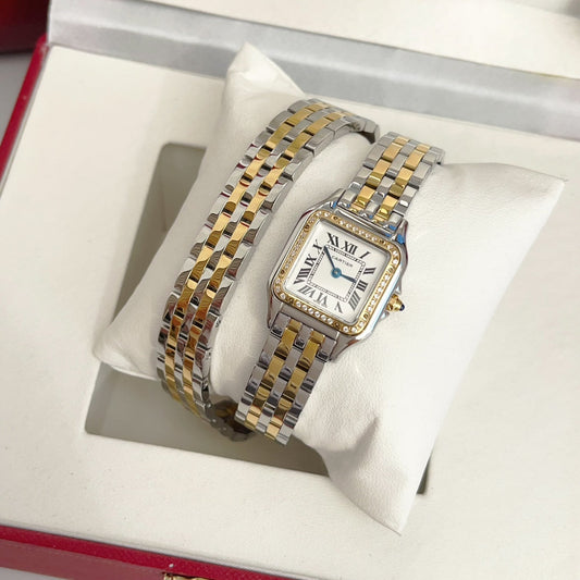 Panthere 22mm Gold Silver Diamond Bezel Double Chain 44cm