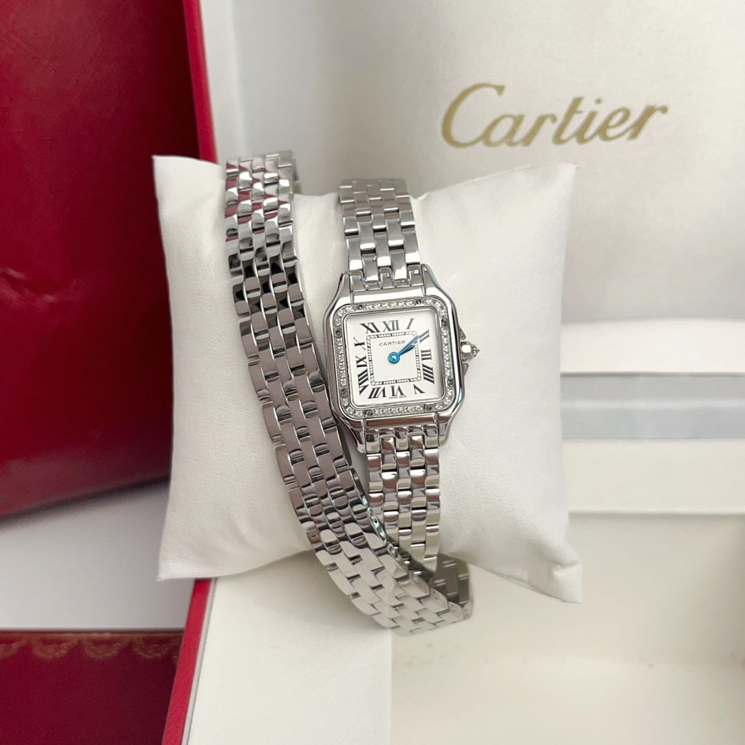 Panthere 22mm Silver Diamond Bezel Double Chain 44cm