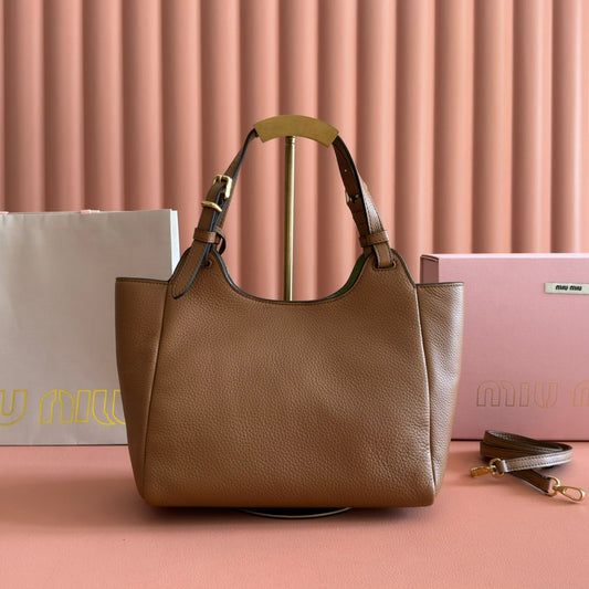 Miu 25ss Leather Bucket Bag 25.5 Brown Grain Leather