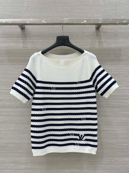 LV 25 Button Rope Short-Sleeved Shirt White Blue Wool