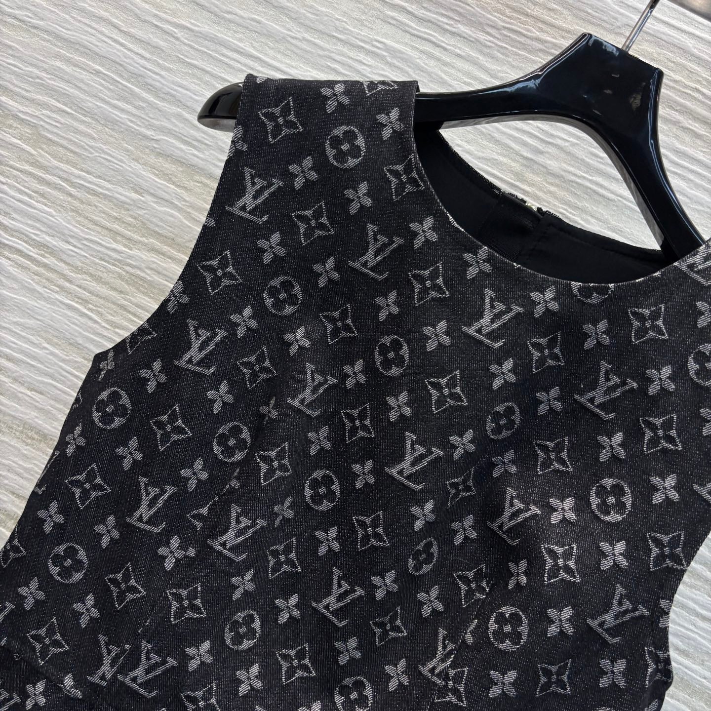 LV 25 Logo Jacquard Sleeveless Denim Straight Dress Black Cotton