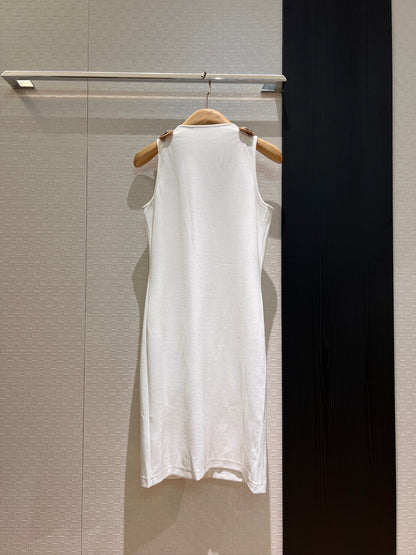 LV Double-Head Zipper Design Slits Dress White Cotton