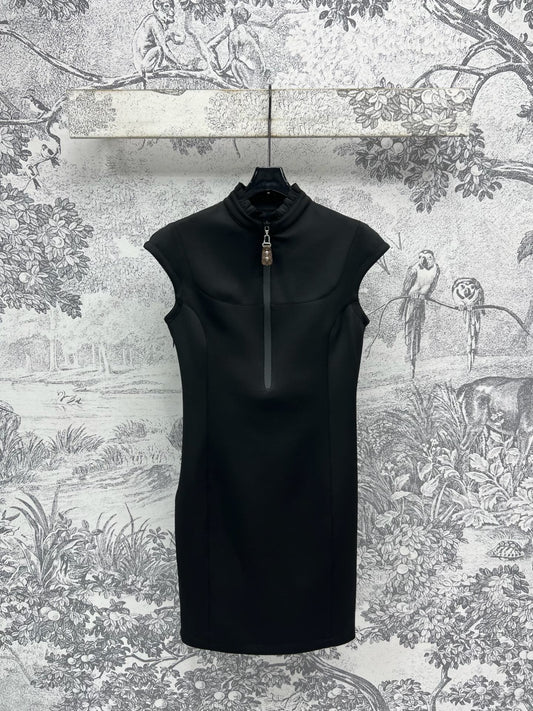 LV 25 Stand-Up Collar Ruffled Edges Dress Black Polyester