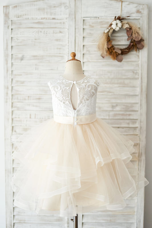 Ivory Lace Champagne Tulle Short Knee Length Wedding Flower Girl Dress