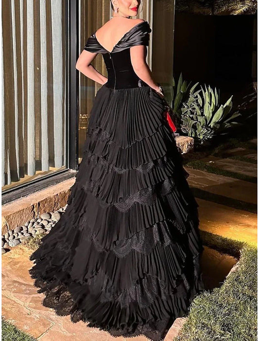 omberprom A-Line Prom Dresses Formal Gowns Evening Dresses Floor Length Short Sleeve Sweetheart Lace with Ruched