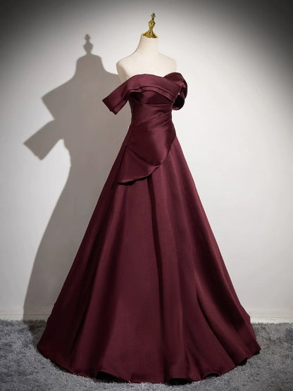Simple Off The Shoulder Burgundy Long Prom Dress Outfit Wedding Guest