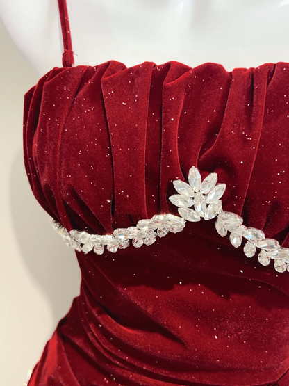 Burgundy Long Prom Dress Ruffle Velvet Wedding Guest Dresses